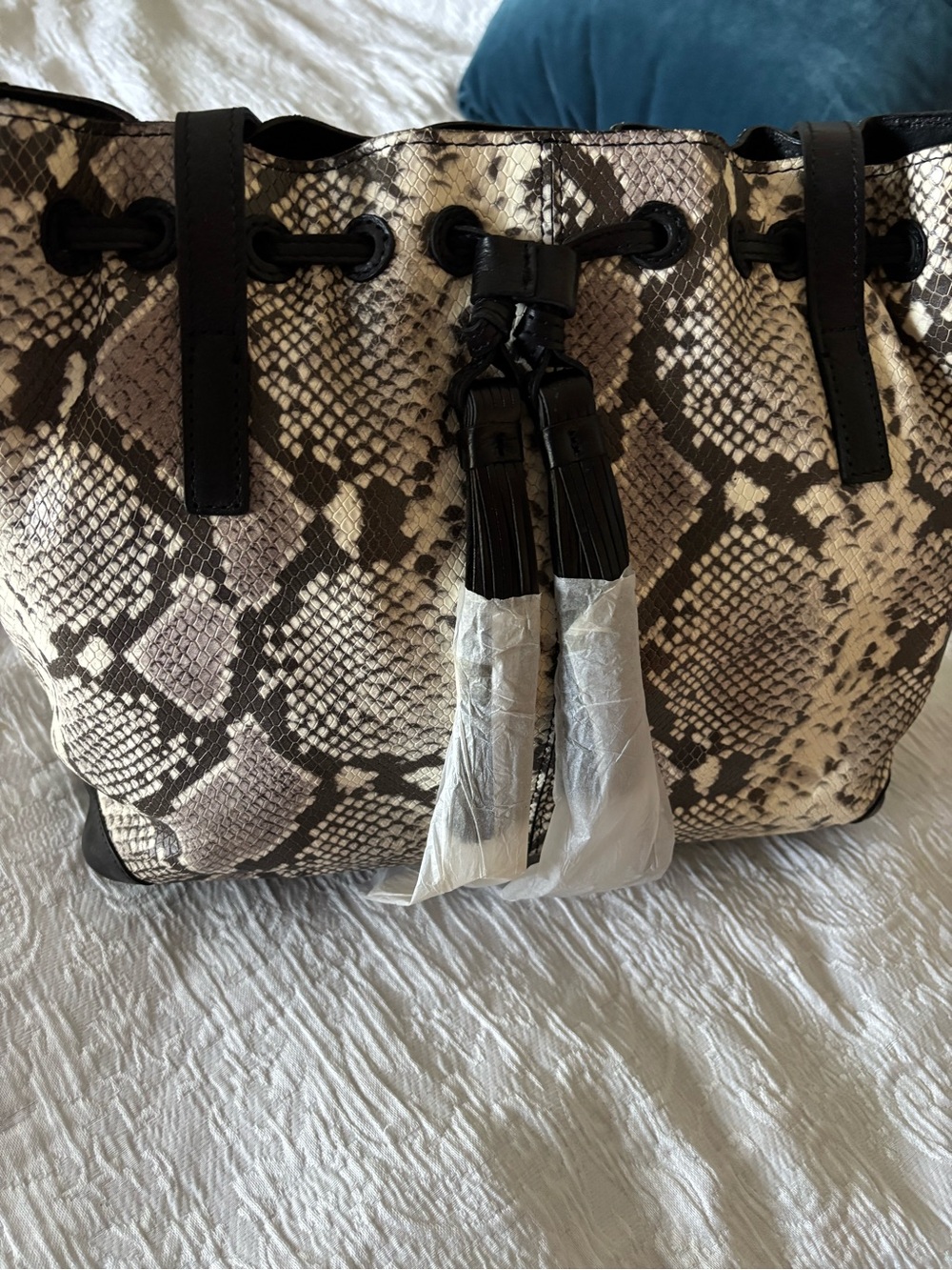 Patricia Nash Snake-Print Drawstring Tote in Black and Cream